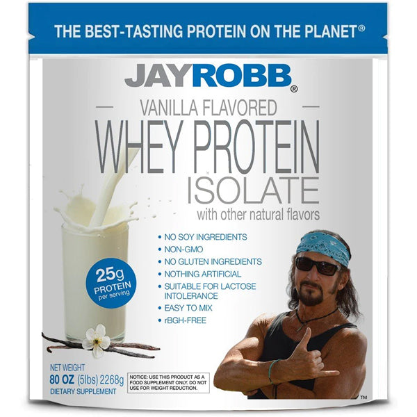 Jay Robb Grass-Fed Whey Protein Isolate 5lbs packaging with a scoop and shaker bottle.