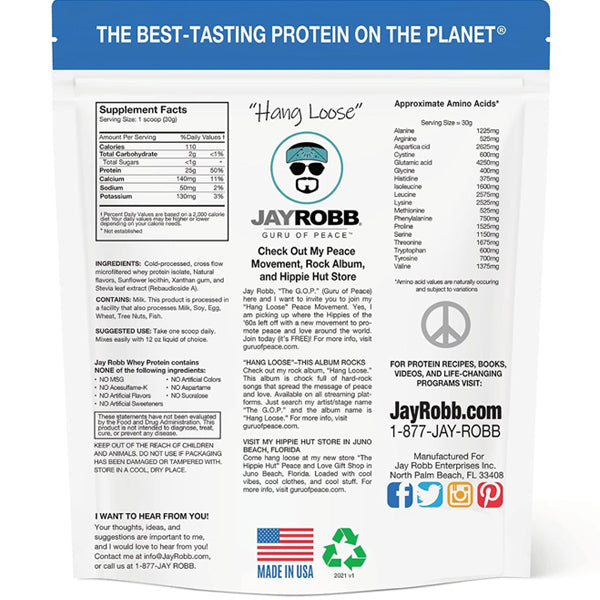 Close-up of Jay Robb whey protein powder in a bowl, showcasing its fine texture.
