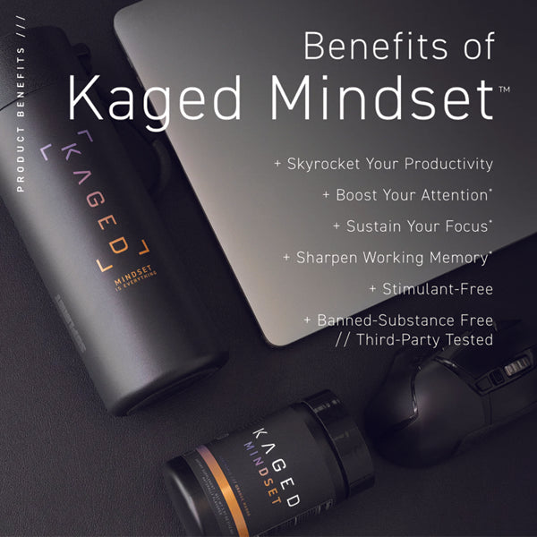 Close-up of Kaged Mindset container highlighting its key ingredients for cognitive enhancement.
