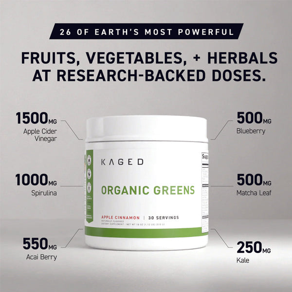 Kaged Outlive 100 Organic Superfood Greens Blend in a glass, showcasing its vibrant green color and fresh ingredients.
