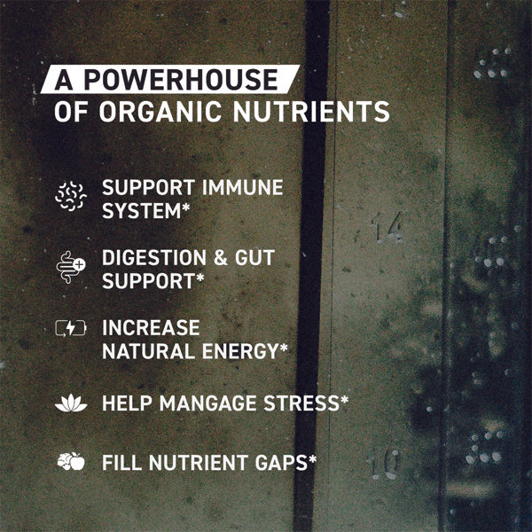 Kaged Outlive 100 Organic Superfood Greens Blend being mixed in a shaker, emphasizing its easy preparation and delicious taste.