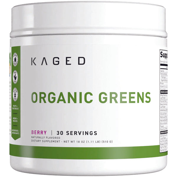 Close-up of Kaged Outlive 100 Organic Superfood Greens Blend powder, highlighting its natural texture and quality ingredients.