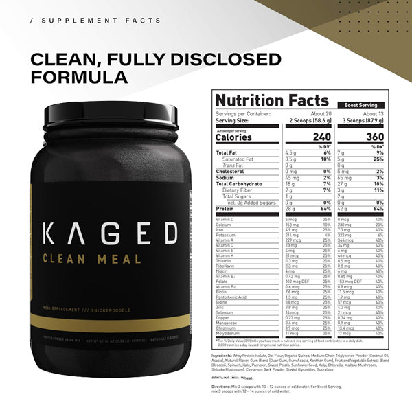 Deliciously mixed Kaged Muscle protein shake in a glass with fruits