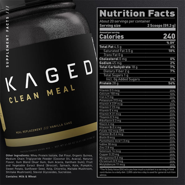 Kaged Muscle meal replacement shake ingredients spread out, including oats and coconut oil