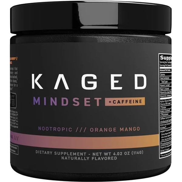 Close-up of Kaged Mindset +Caffeine nootropic bottle showing focus and energy benefits
