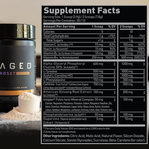 Close-up of Kaged Mindset +Caffeine nootropic bottle showing focus and energy benefits