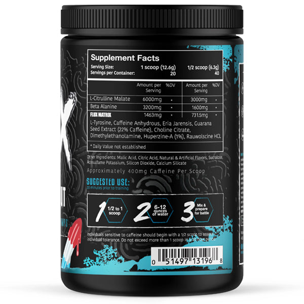 Close-up of Kaymas Flux pre-workout powder with scoop, highlighting energy boost and muscle pump benefits