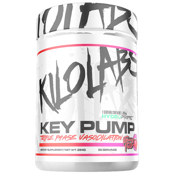 Kilo Labs Key Pump supplement jar with muscular athlete in the background