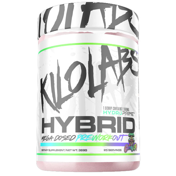 A scoop of Kilo Labs Hybrid Training Booster in water, illustrating the pre workout mix before an intense workout
