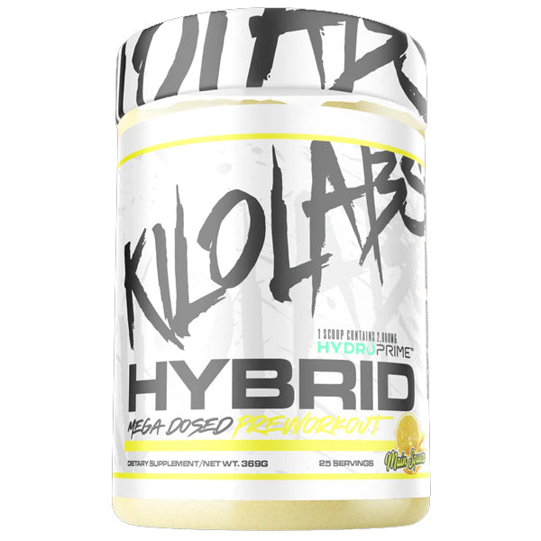 Close-up of ingredients in Kilo Labs Hybrid Training Booster, highlighting key components for energy and muscle pump