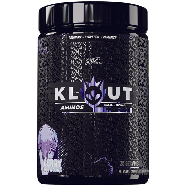 Front view of KloutX Recovery Aminos tub showing label and serving size