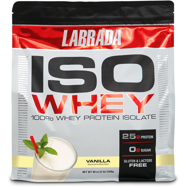 Front-facing image of Labrada ISO Whey 5lbs tub showing label and gluten-free badge