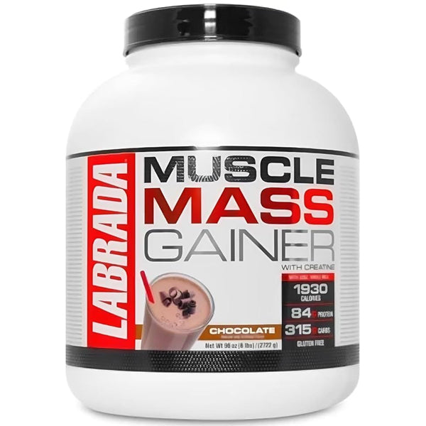 Labrada Ultimate Muscle Mass Gainer displayed on a fitness bench with a shaker bottle.