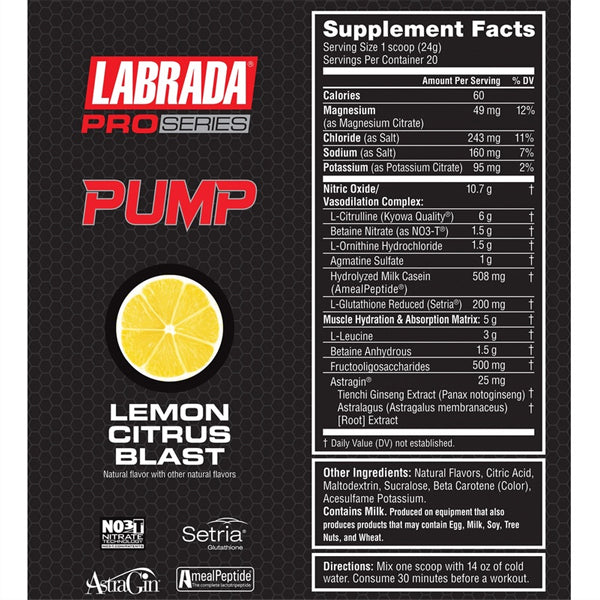 Close-up of Labrada Pro Series Pump container showing stimulant-free formula for better performance