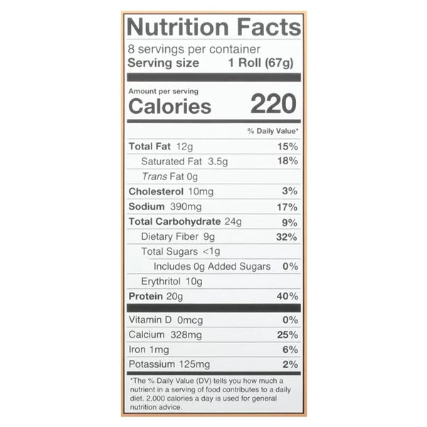 Stack of protein rolls with packaging highlighting low sugar, high protein content