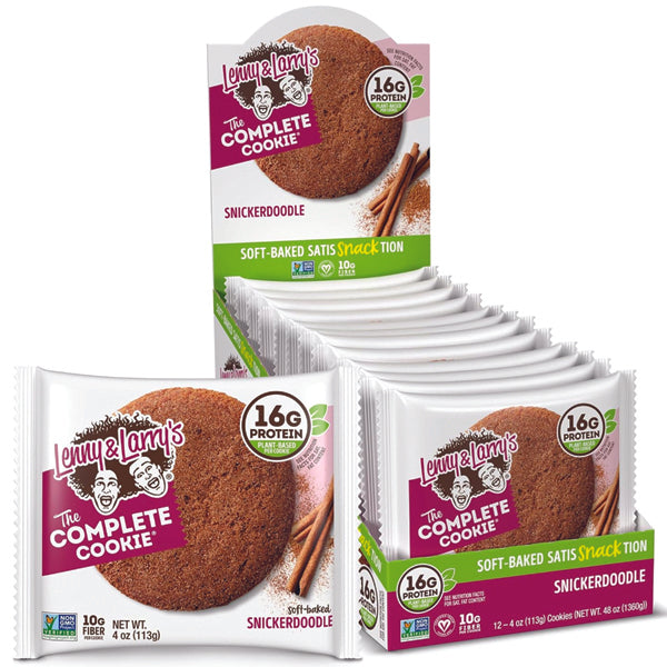 Lenny & Larrys Complete Vegan Cookies displayed on a kitchen counter, highlighting their plant-based ingredients.