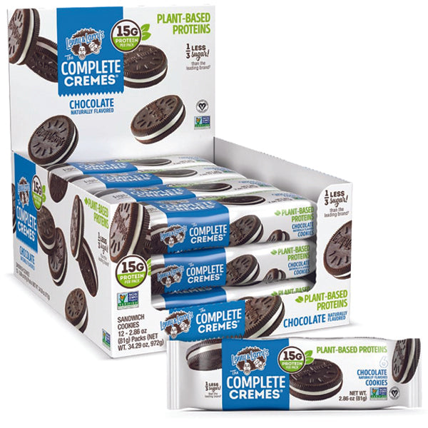 Lenny & Larry's Complete Cremes protein cookies in a box, featuring chocolate and vanilla flavors.