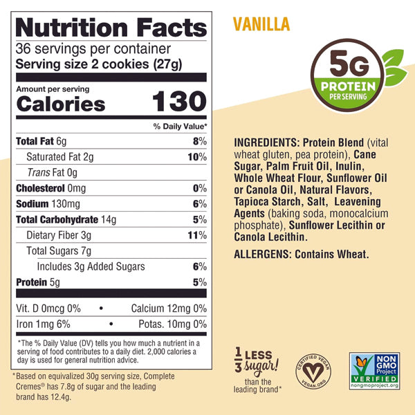 Lenny & Larrys Complete Cremes protein cookies in a box, featuring chocolate and vanilla flavors.
