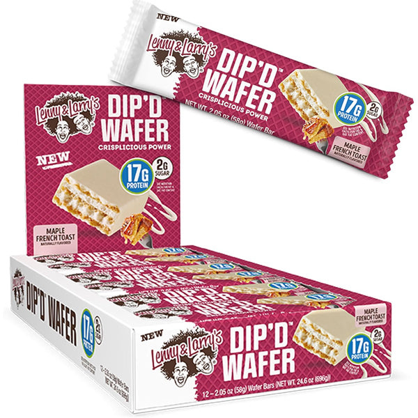 Crispy wafer protein bars with maple French toast flavor filling and white chocolate coating