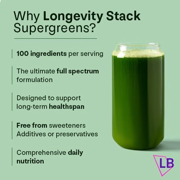 Serving suggestion of Vitality Greens Longevity Supergreens mixed in a refreshing smoothie.