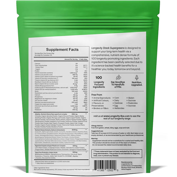 Close-up of a scoop of Vitality Greens Longevity Supergreens, highlighting its rich texture.