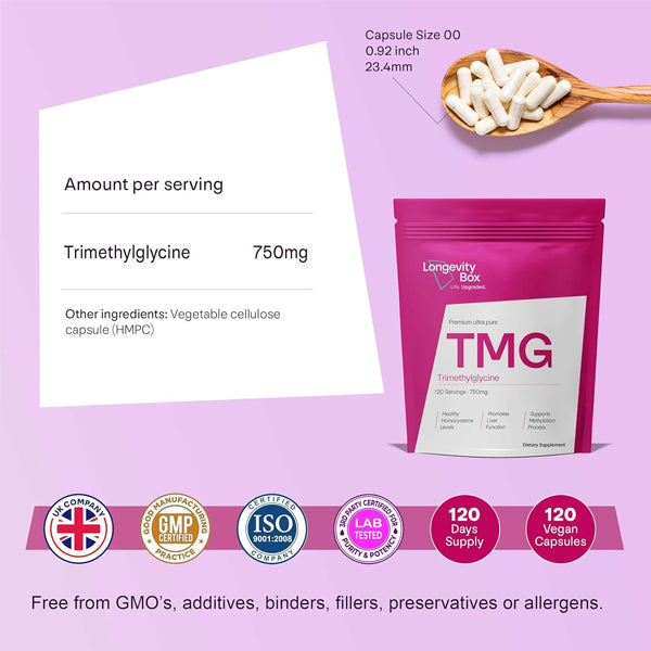 Close-up of TMG capsules in a supplement bottle for health and wellness