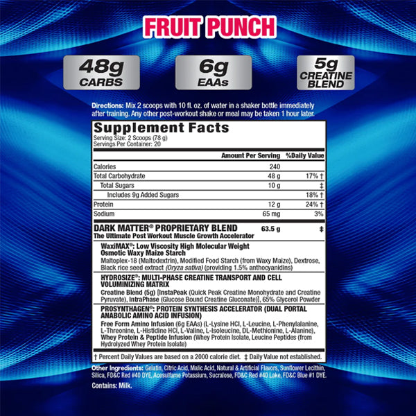 MHP Dark Matter Muscle Growth Formula showing the packaging and supplement facts.