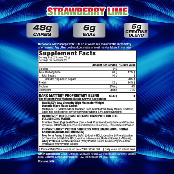 Close-up of MHP Dark Matter with highlighted ingredients for muscle growth.