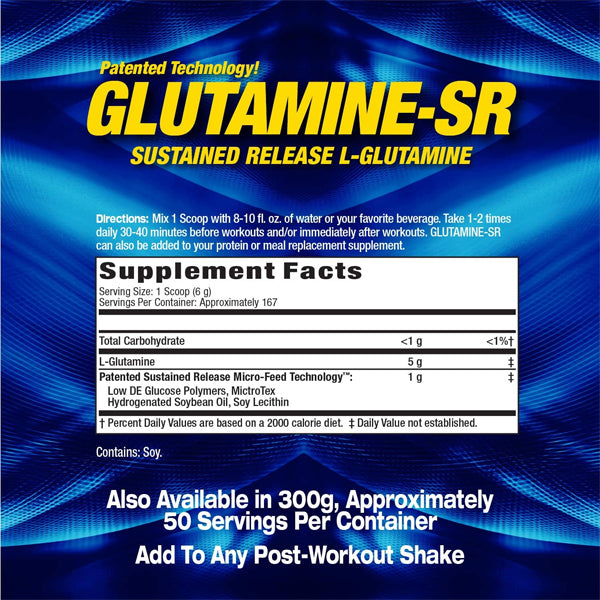 MHP Sustained Release Glutamine displayed in a gym setting, ideal for post-workout muscle recovery.