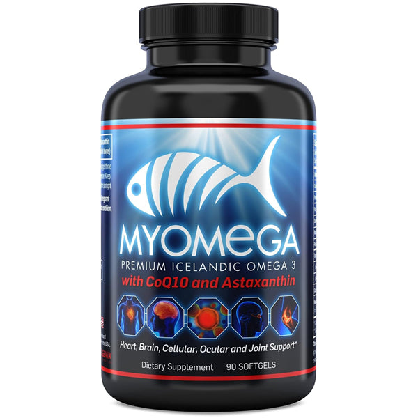 Myogenix Omega-3 PowerBlend softgels with CoQ10 and Astaxanthin, ideal for heart support.