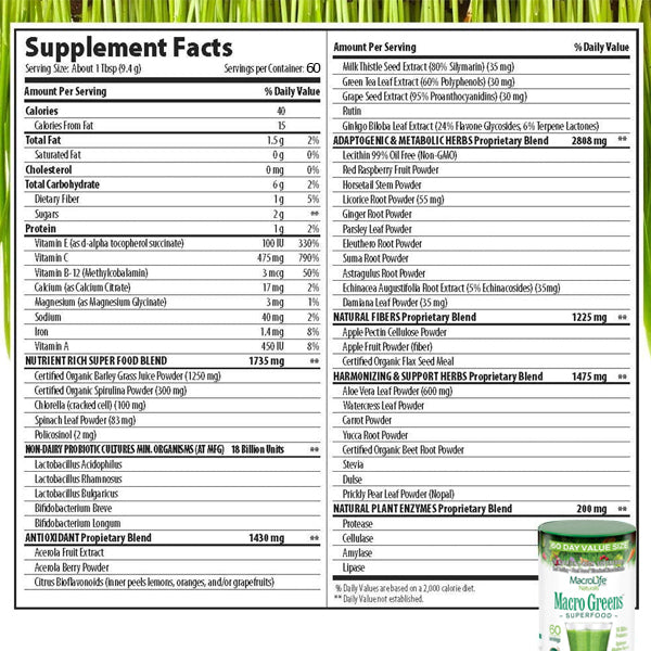 Close-up of Macro Greens container, emphasizing its health benefits and serving size.