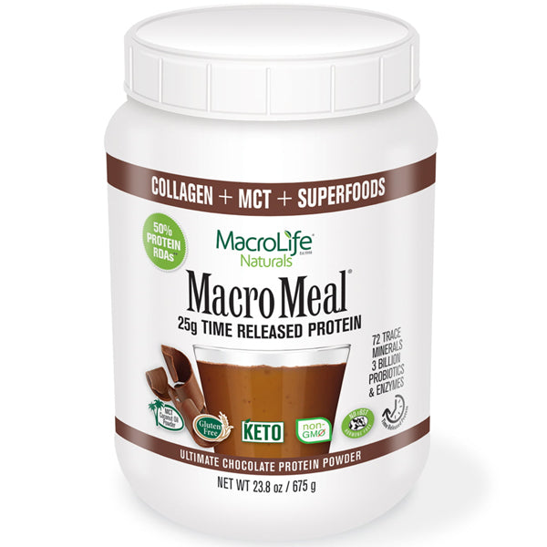 Front view of MacroFuel OmniBlend protein shake container showing 15 servings and macro nutrition label