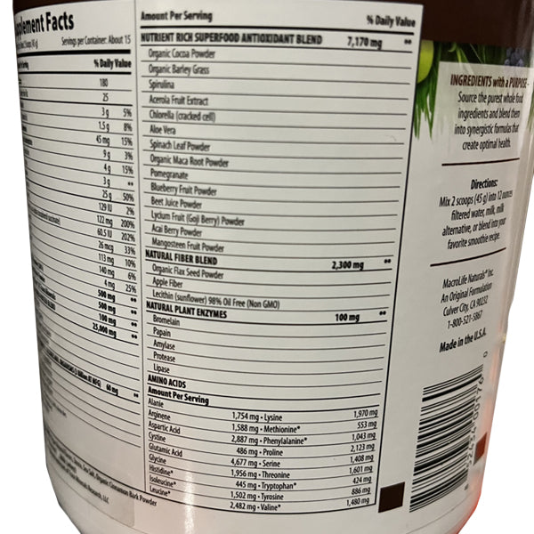 Front view of MacroFuel OmniBlend protein shake container showing 15 servings and macro nutrition label