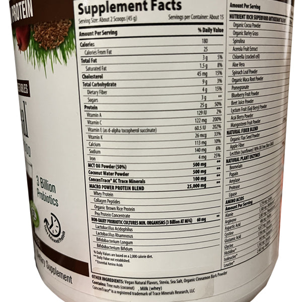 Close-up of MacroFuel OmniBlend powder texture highlighting collagen peptides and fiber content