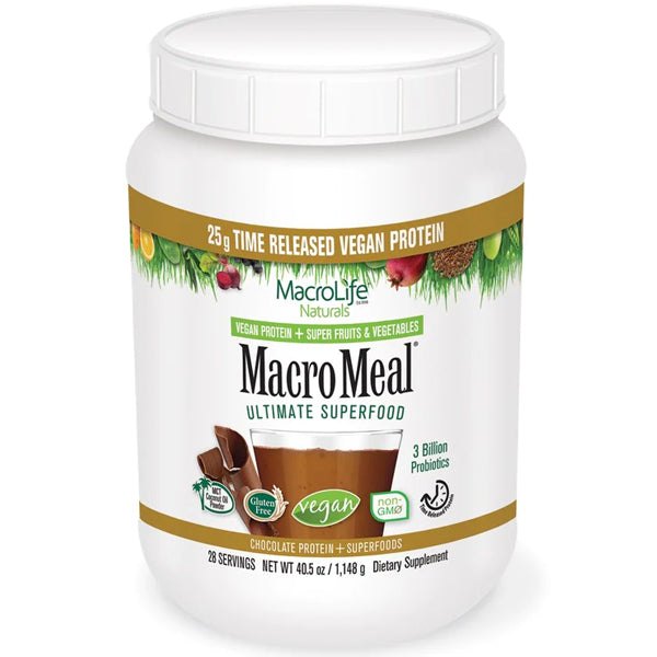 Close-up of MacroMeal Vegan Protein in a shaker, showcasing its vibrant color and texture.