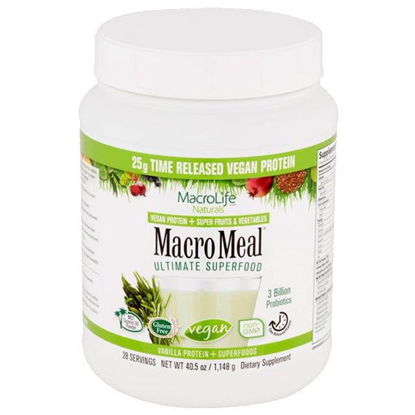 Scoop of MacroMeal Vegan Protein powder next to fruits and greens, perfect for a nutritious meal replacement.
