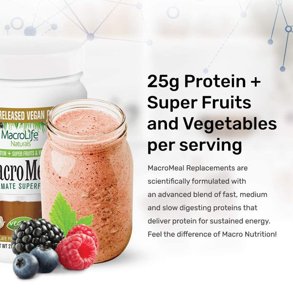 Close-up of MacroMeal Vegan Protein in a shaker, showcasing its vibrant color and texture.