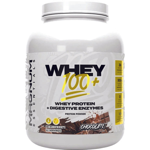 Magnum Whey 100+ protein powder container showing ingredients and digestive enzymes