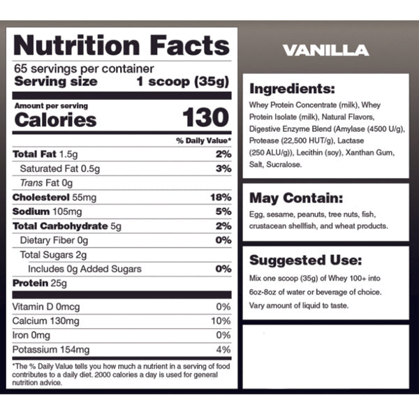 Magnum Whey 100+ protein powder container showing ingredients and digestive enzymes