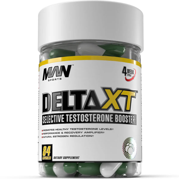 Close-up of MAN Sports Delta XT testosterone booster capsules on a gym bench