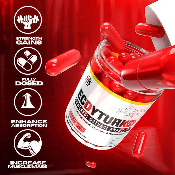 Close-up of EcdyTurk PRO capsules, highlighting the dual-sterone blend designed for maximum strength gains.