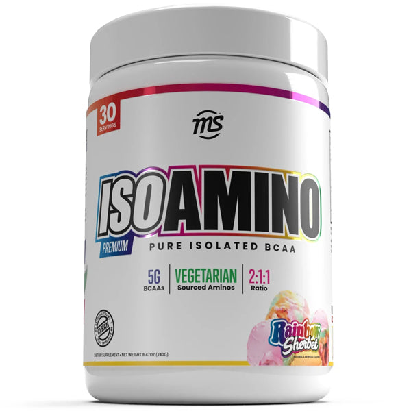 Iso-Amino BCAA powder in a shaker, ideal for workouts.