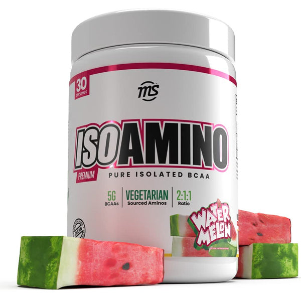Close-up of Iso-Amino BCAA powder highlighting its unique flavors.