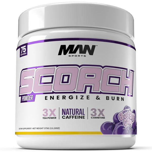 Man Sports Scorch thermogenic powder container with label showing fat burning and energy boosting benefits