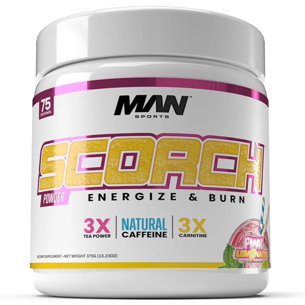 Athlete mixing Man Sports Scorch thermogenic powder into a shaker for workout energy boost