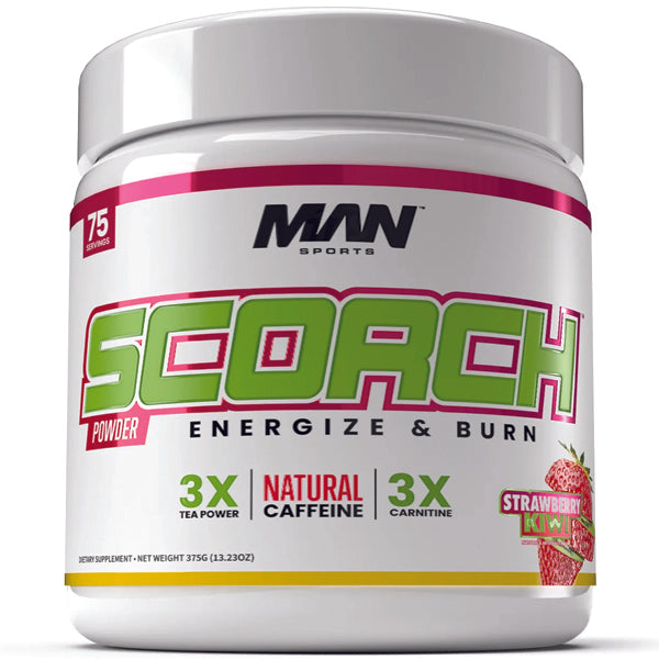 Close-up of scoop of Man Sports Scorch powder for energy and fat loss
