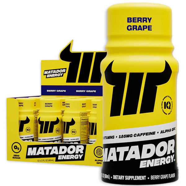 Matador energy shot bottle with natural caffeine and vitamins for productivity.
