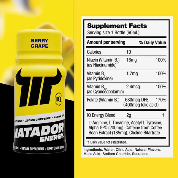 Display of Matador energy shots in a vibrant setting, emphasizing their focus-boosting effects.