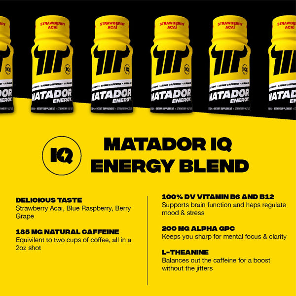 Close-up of the Matador energy shot highlighting its nootropic ingredients.
