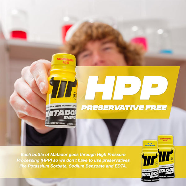 Display of Matador energy shots in a vibrant setting, emphasizing their focus-boosting effects.